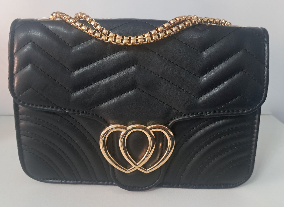 Black handbag with double heart front detail & strap