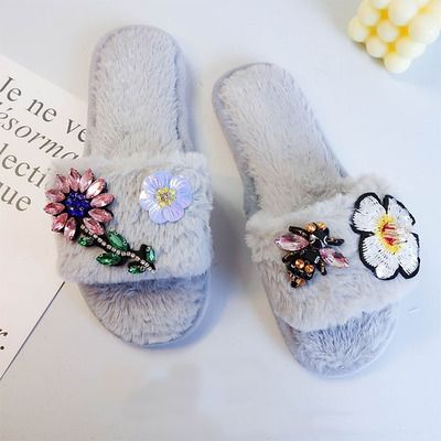 Silver grey crystal flowers bee embellished slippers