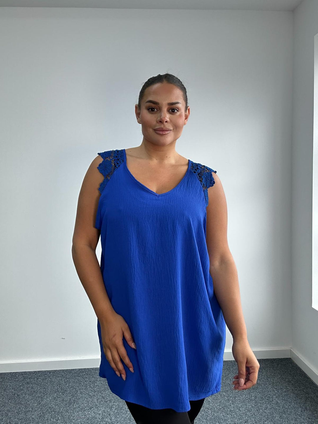 Curvy ladies sleeveless top with lace shoulder detail - Blue