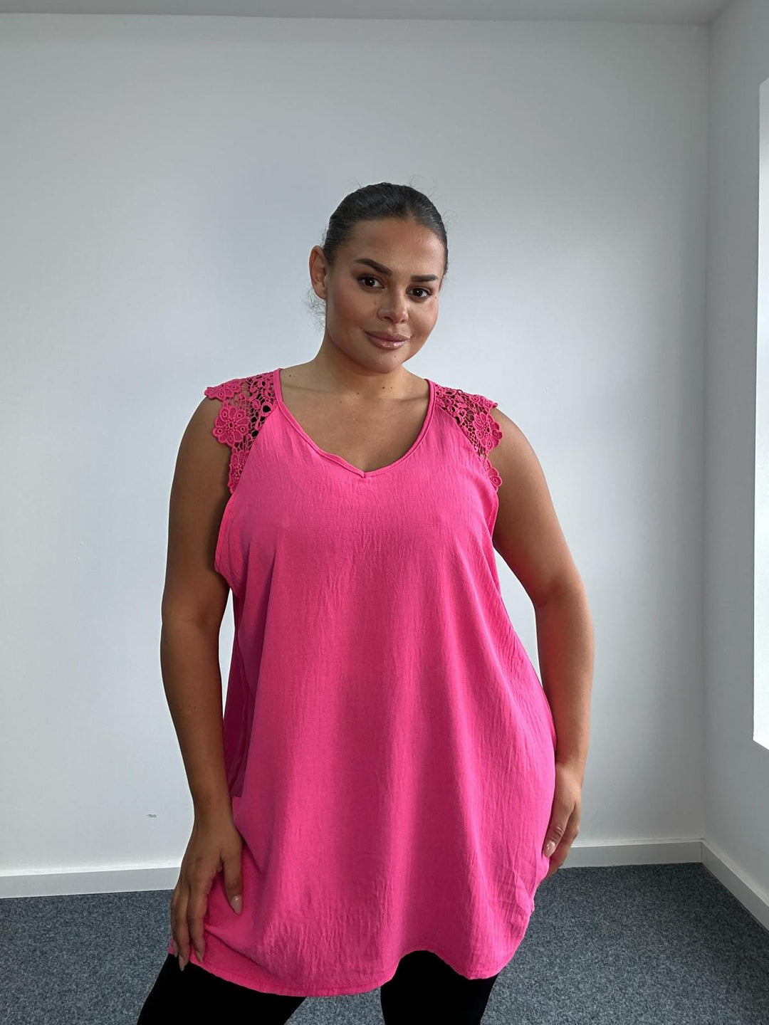 Curvy ladies sleeveless top with lace shoulder detail - Fuchsia Pink