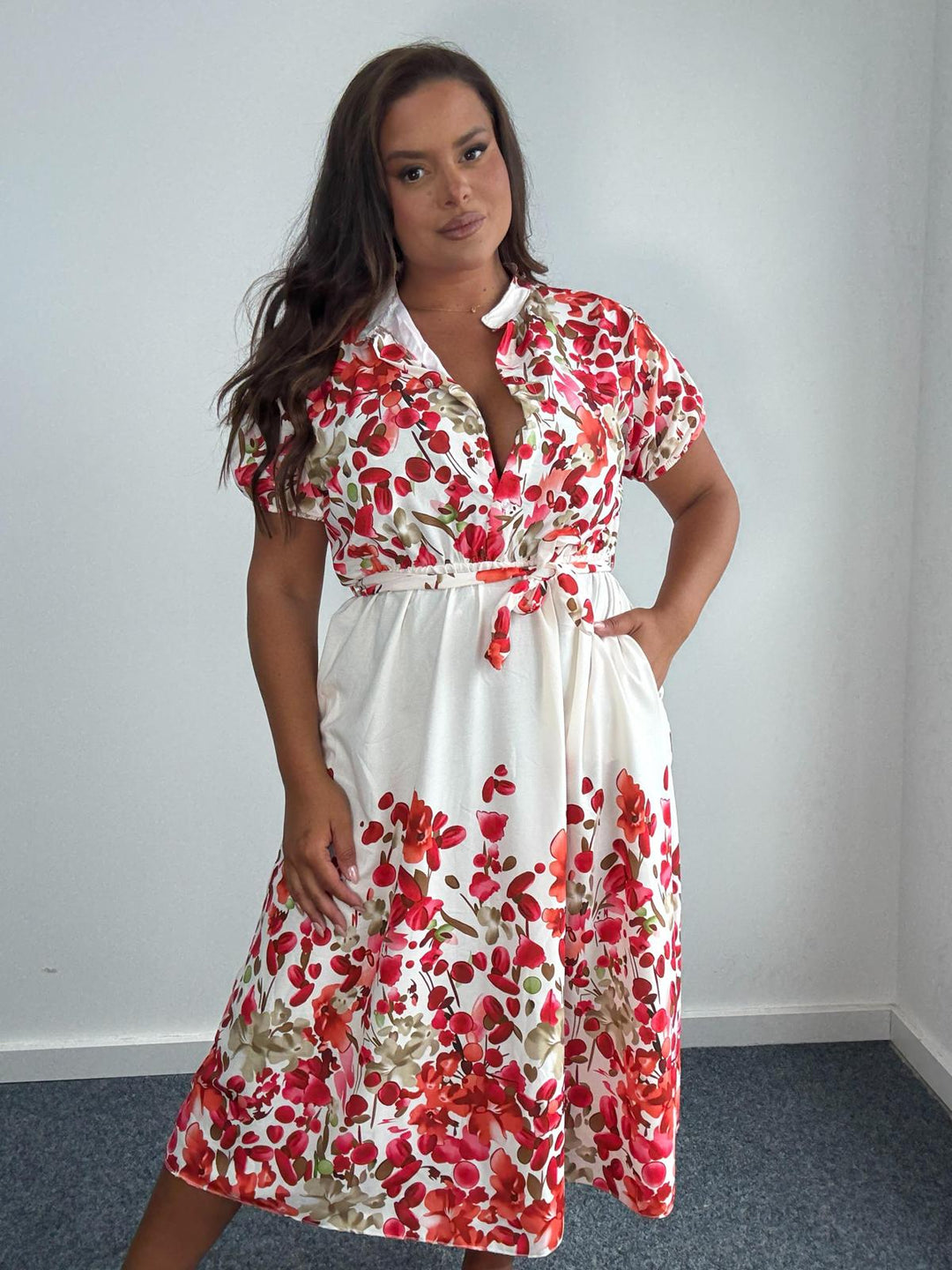 Plus Size Curve Red Floral Print Belted Shirt Midi Dress