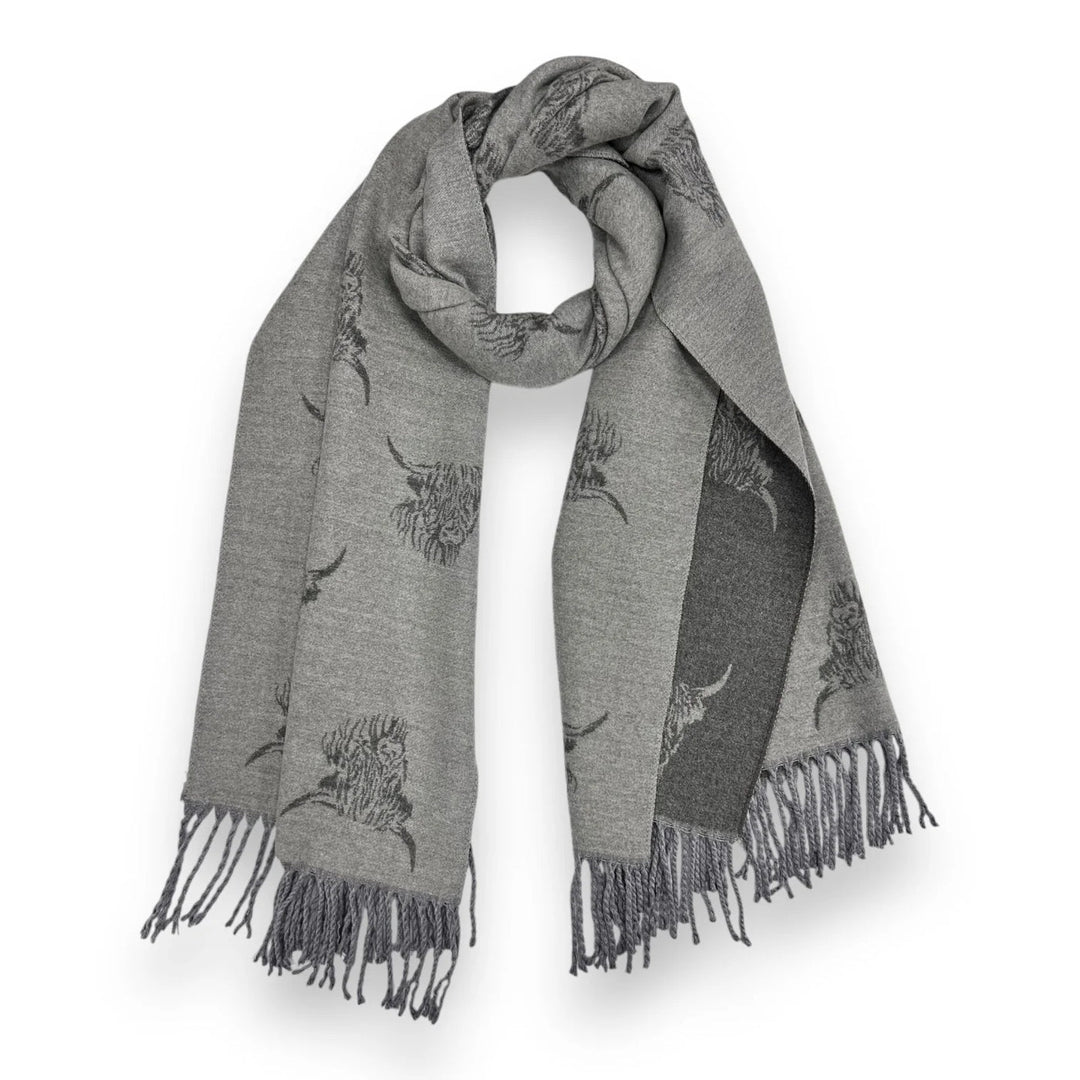 Grey reversible Cashmere blend Highland Cow print ladies scarf