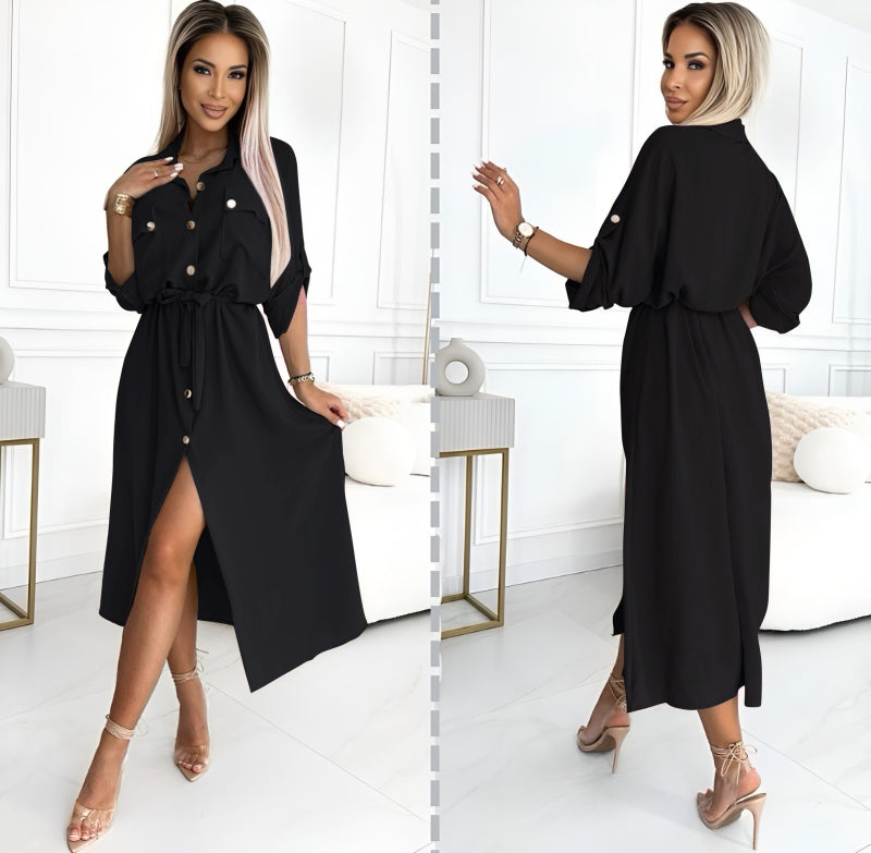 belted black shirt dress