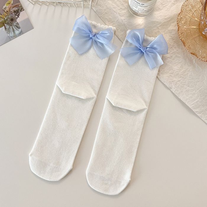 Chic Blue Bow Knot Socks in White
