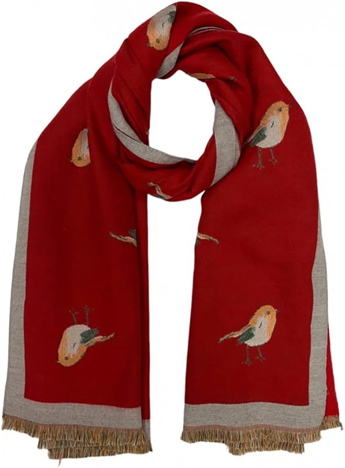 Womens Winter Scarf Reversible Robin Embroidered Print-Red