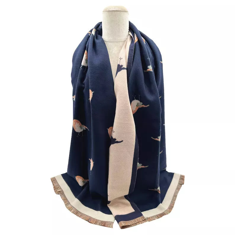 Womens Winter Scarf Reversible Robin Embroidered Print-Navy Blue