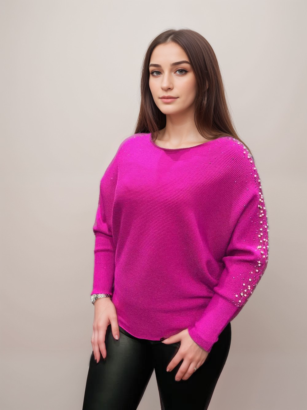 Cerise pink batwing jumper with pearl diamante embellishment