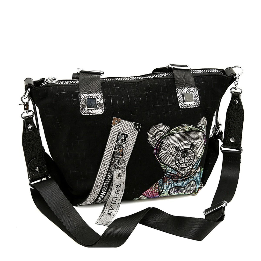 Trendy Teddy Bear Appliqué Shoulder Bag -  Black