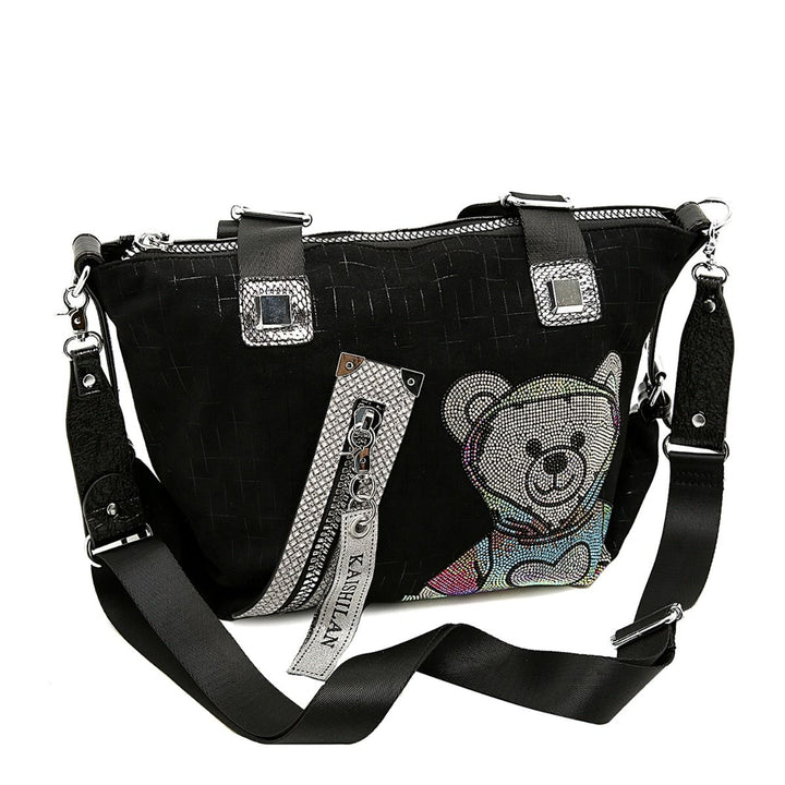 Trendy Teddy Bear Appliqué Shoulder Bag -  Black