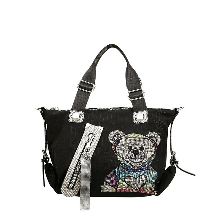 Trendy Teddy Bear Appliqué Shoulder Bag -  Black