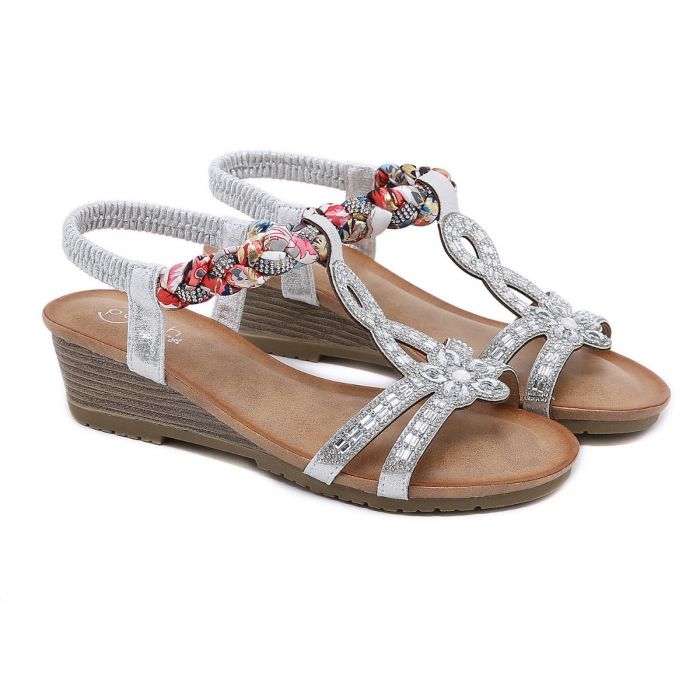 Women's Bohemian Wedge Sandals, Silver Crystal Embellished, Elastic T-Strap Design
