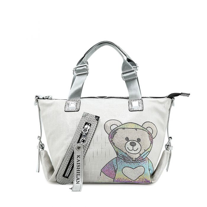Trendy Teddy Bear Appliqué Shoulder Bag -  Silver