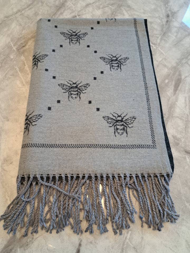 Grey & Black fringed Bee print  Ladies Cashmere blend reversible scarf