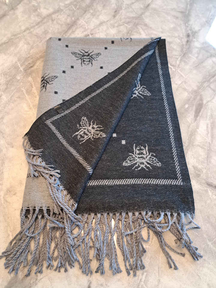 Grey & Black fringed Bee print  Ladies Cashmere blend reversible scarf