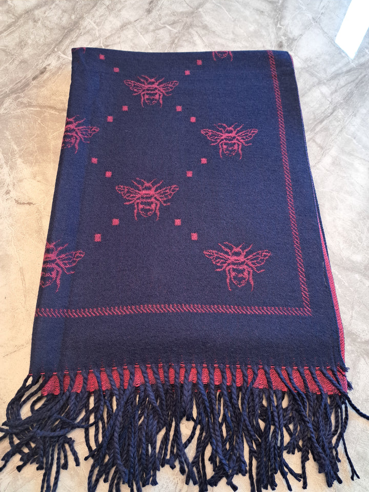 Blue & Hot Pink Ladies Cashmere blend scarf with Bee print & fringed detail