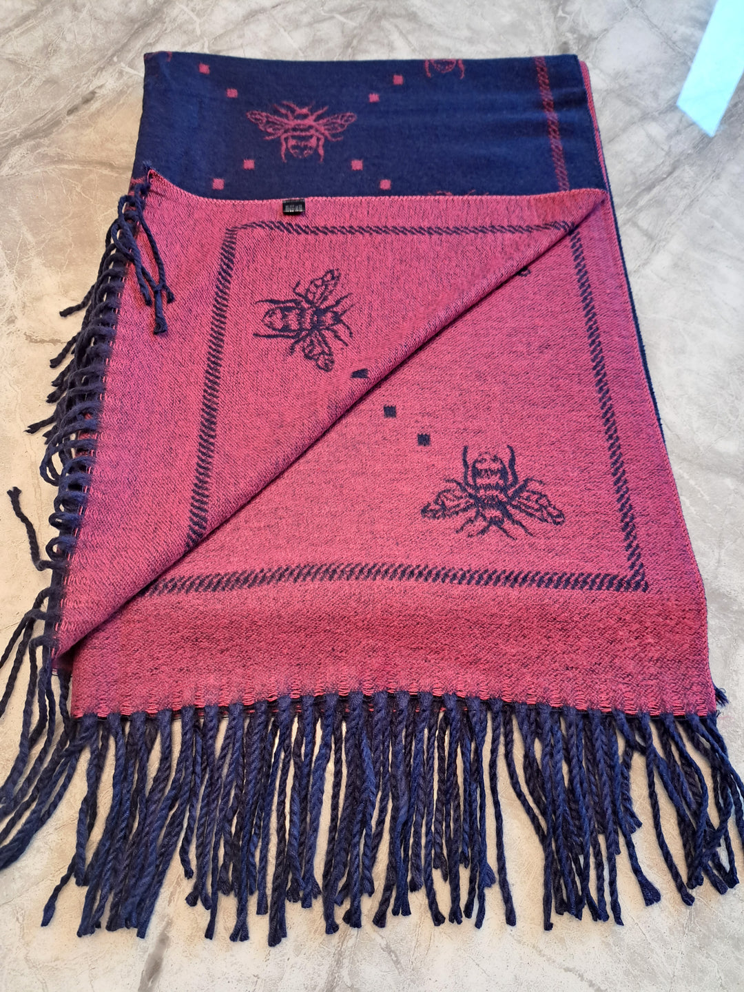 Blue & Hot Pink Ladies Cashmere blend scarf with Bee print & fringed detail