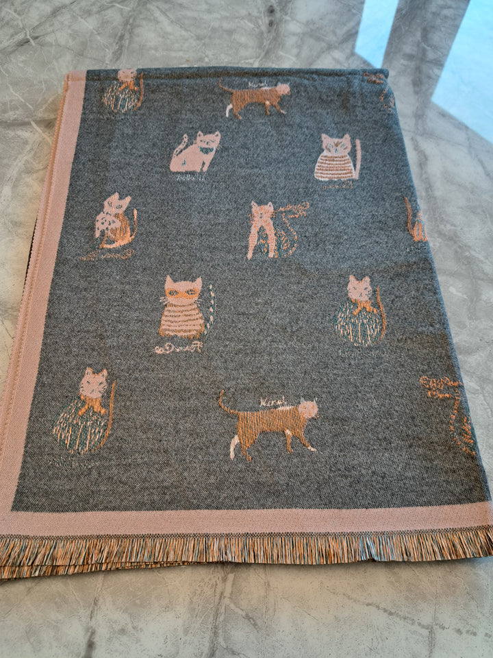 Grey & Baby Pink Cashmere blend Cat print scarf with fringed detail