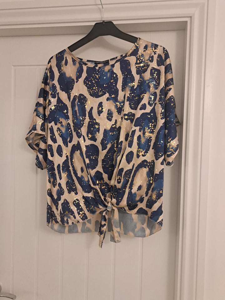 New feeling vibrant multi coloured tie front top-Gold & blue tone.
