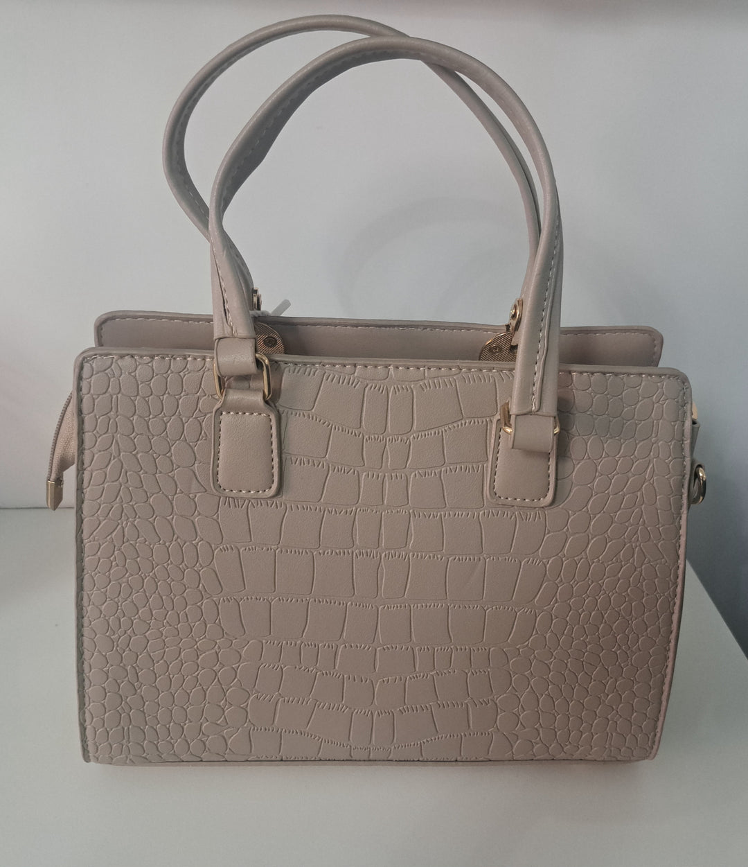 Beige croc effect double handle handbag
