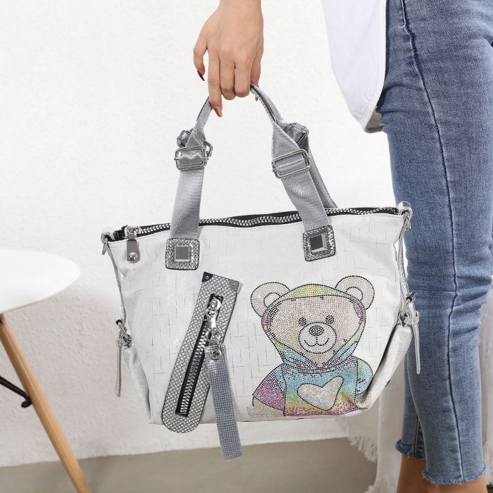 Trendy Teddy Bear Appliqué Shoulder Bag -  Silver