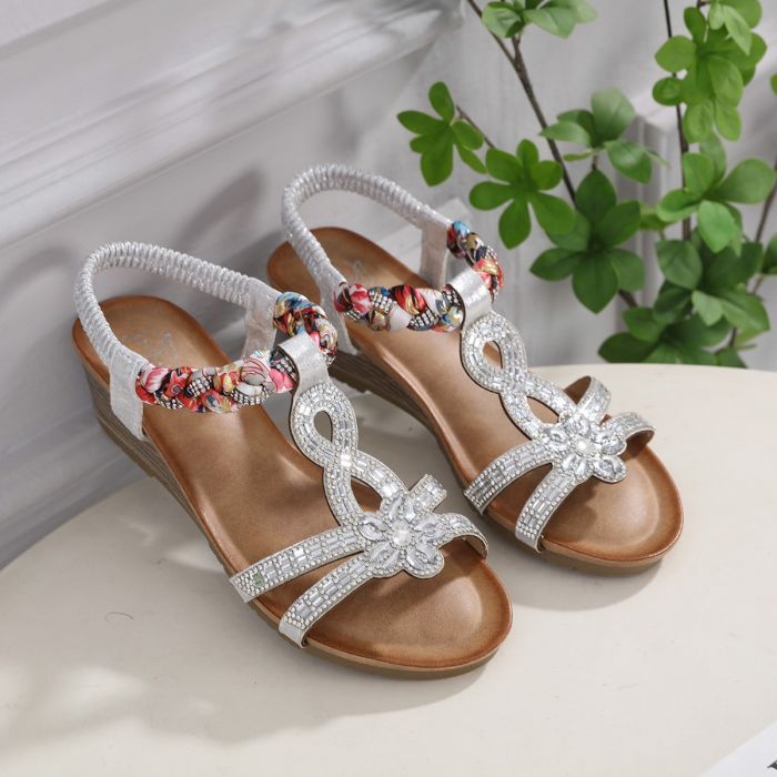 Women's Bohemian Wedge Sandals, Silver Crystal Embellished, Elastic T-Strap Design