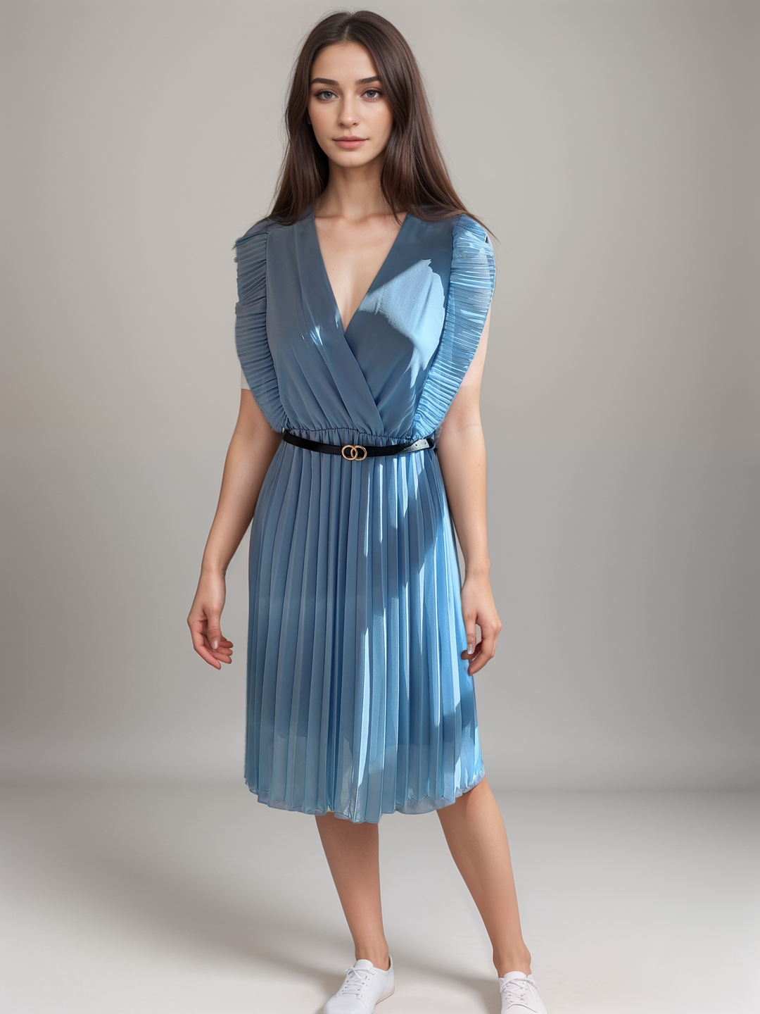 blue pleated midi dress