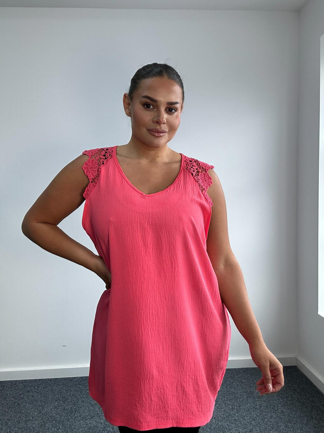 Curvy ladies sleeveless top with lace shoulder detail - Coral
