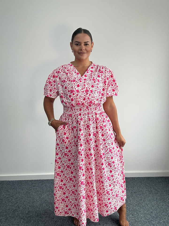 Plus Size Printed Long Wrap Dress Shirred Waist & Pockets -Pink
