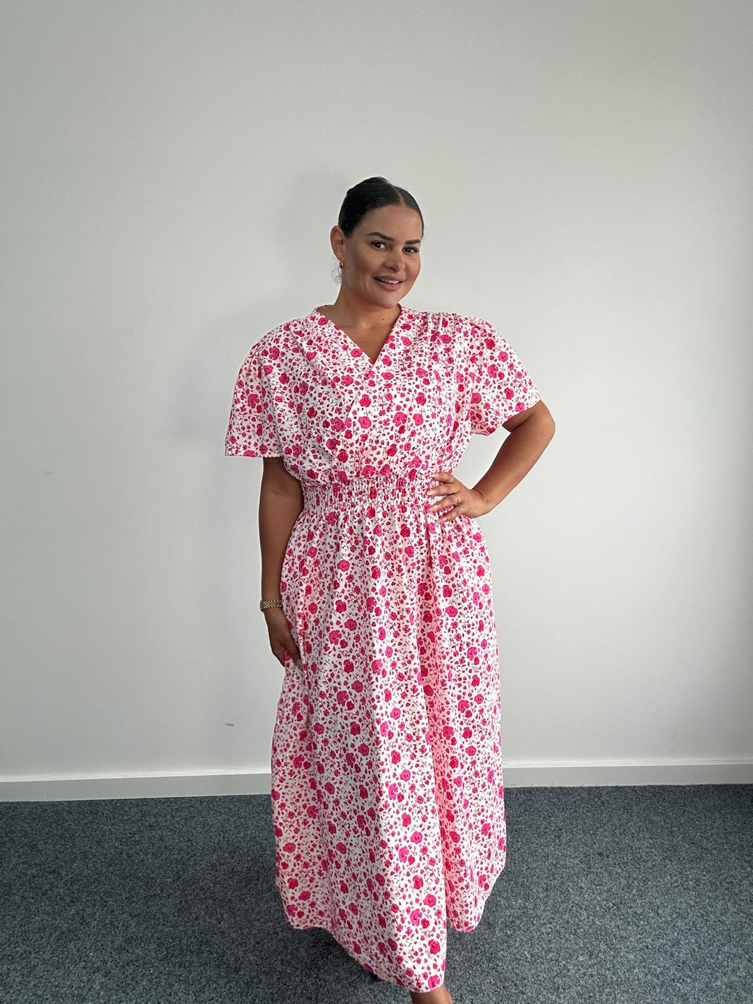 Plus Size Printed Long Wrap Dress Shirred Waist & Pockets -Pink