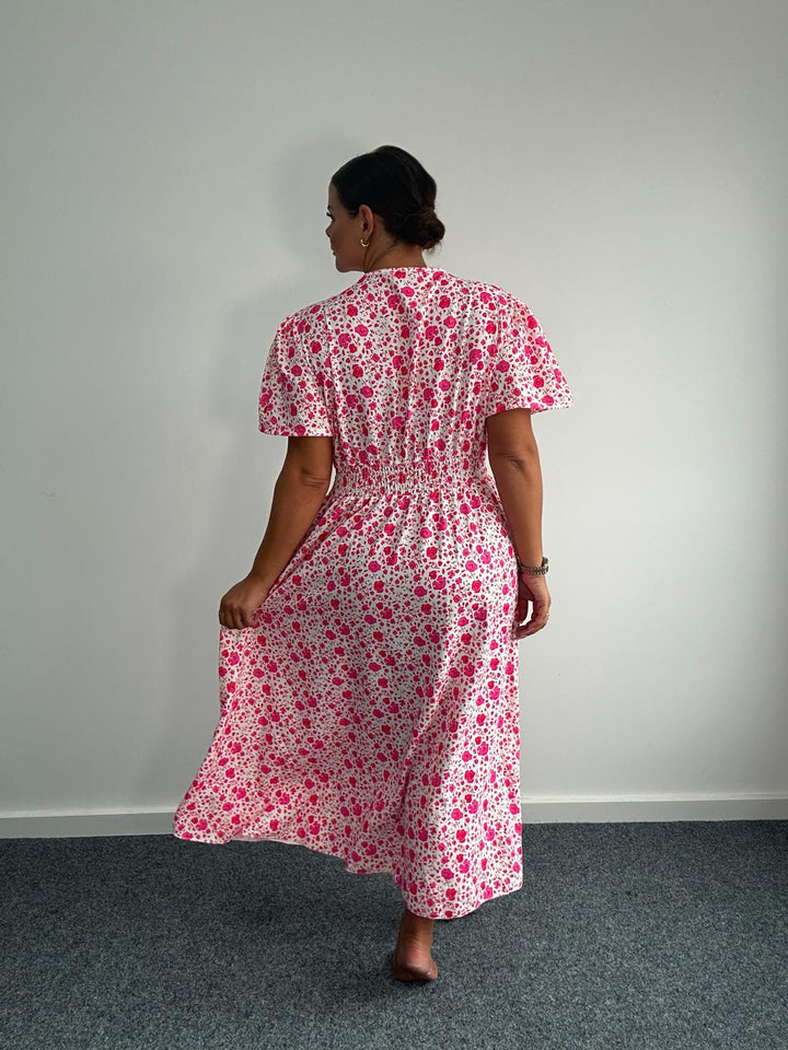 Plus Size Printed Long Wrap Dress Shirred Waist & Pockets -Pink
