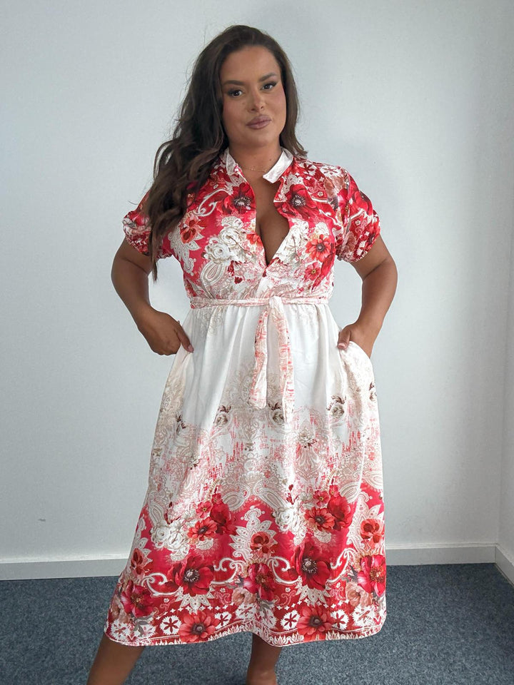 Plus Size Curve Red Floral Border Print Belted Shirt Midi Dress