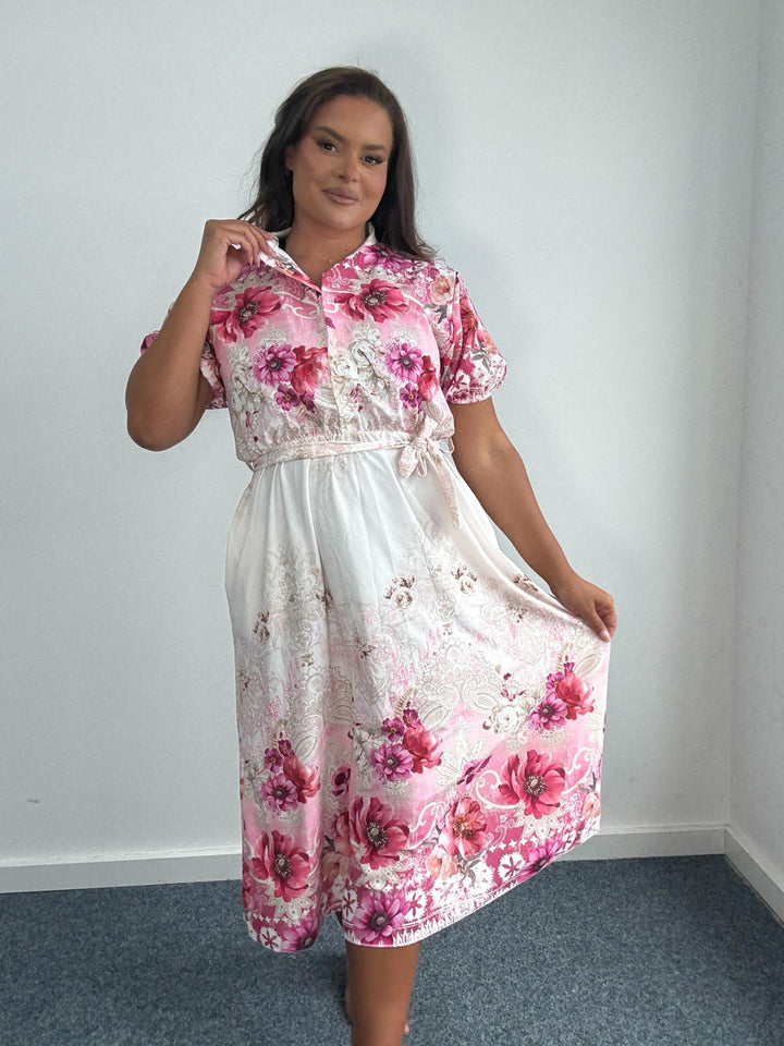 Plus Size Curve Off White Baroque Floral Print Belted Shirt Midi Dress -Pink
