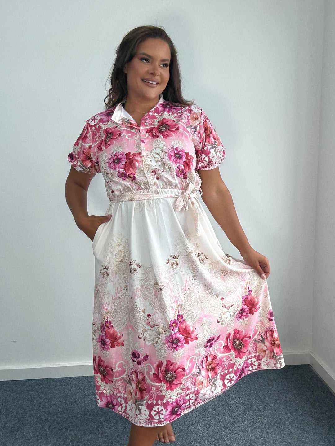 Plus Size Curve Off White Baroque Floral Print Belted Shirt Midi Dress -Pink