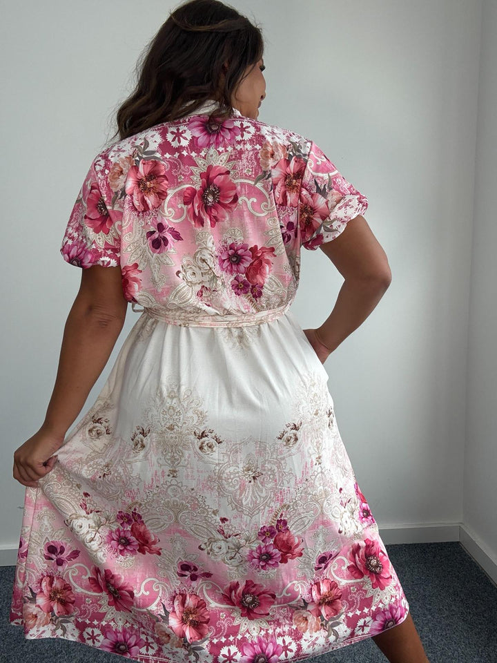 Plus Size Curve Off White Baroque Floral Print Belted Shirt Midi Dress -Pink