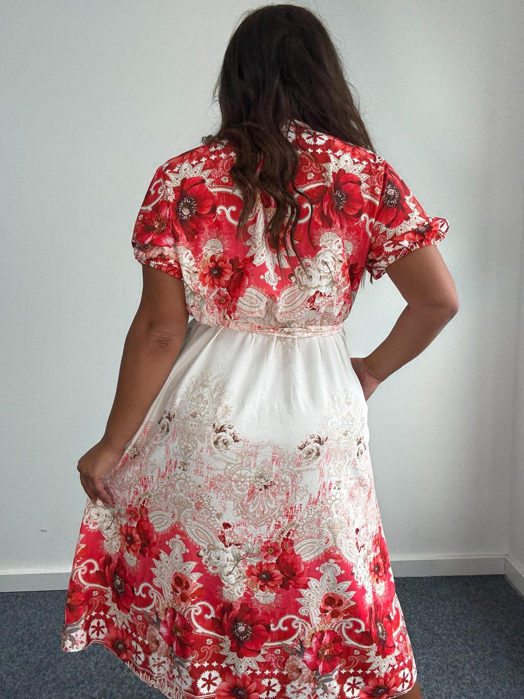 Plus Size Curve Red Floral Border Print Belted Shirt Midi Dress