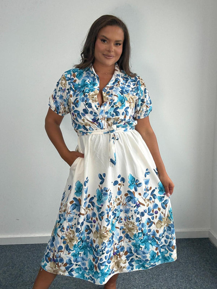 Plus Size Curve Blue Floral & Leaf Print Belted Shirt Midi Dress - Blue