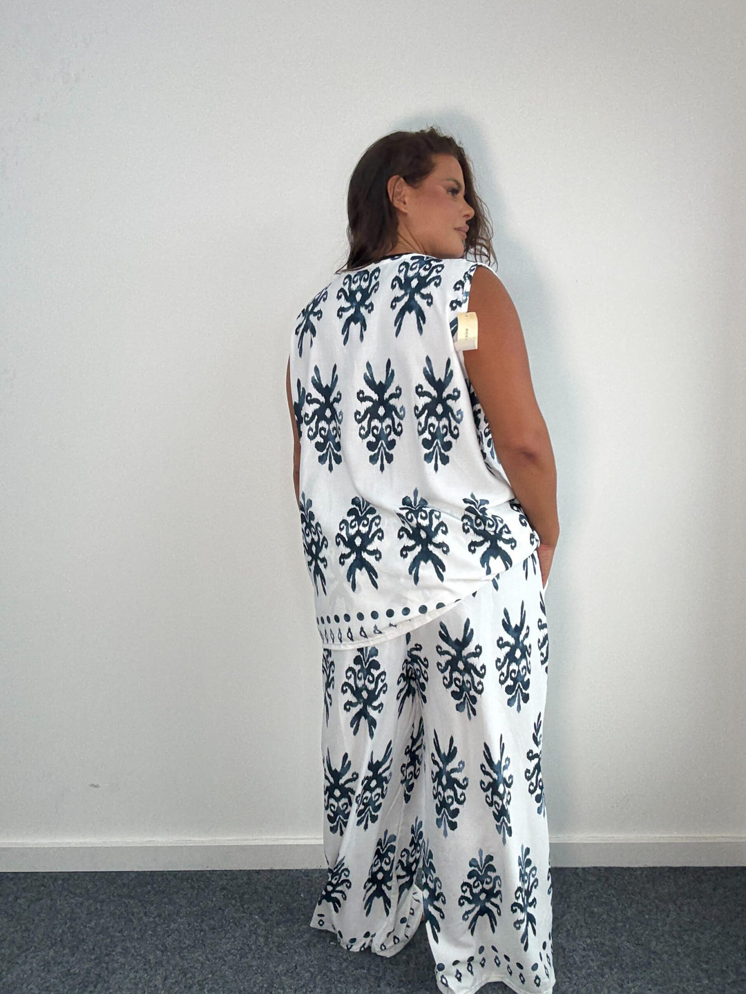 Curve Monochrome Tribal Print two piece Co Ord Set - Navy blue