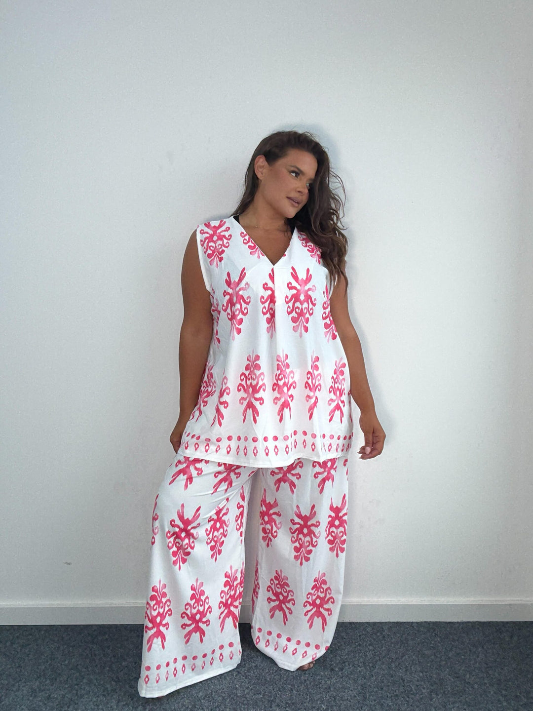 Curve Monochrome Tribal Print two piece Co Ord Set - Pink