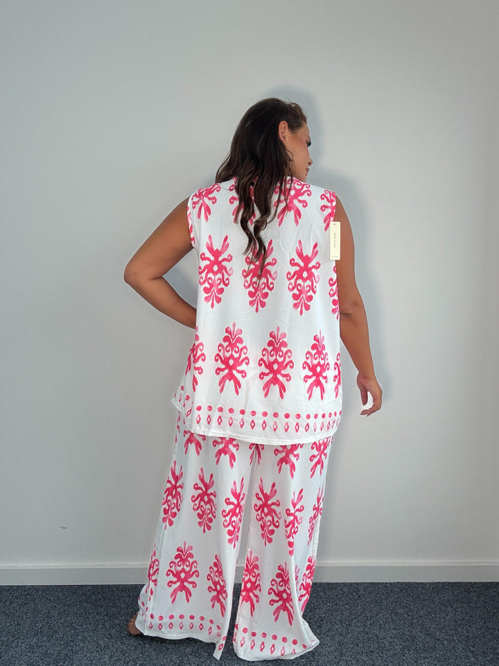 Curve Monochrome Tribal Print two piece Co Ord Set - Pink