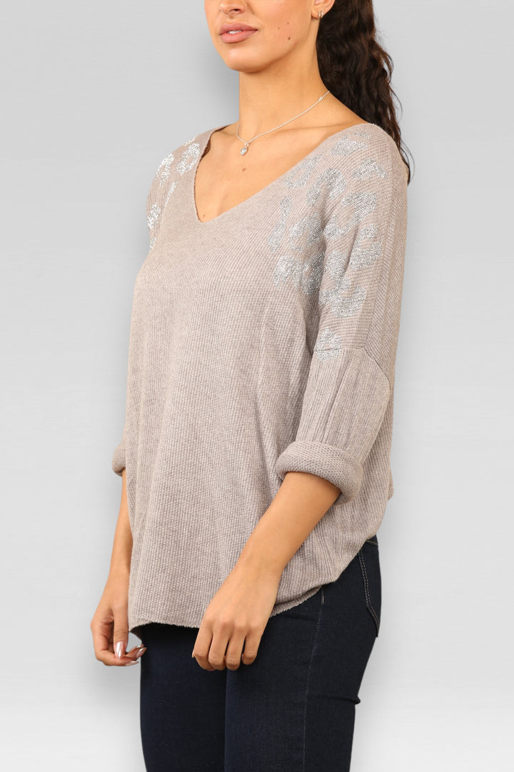 Diamante Leopard shoulder jumper-Taupe