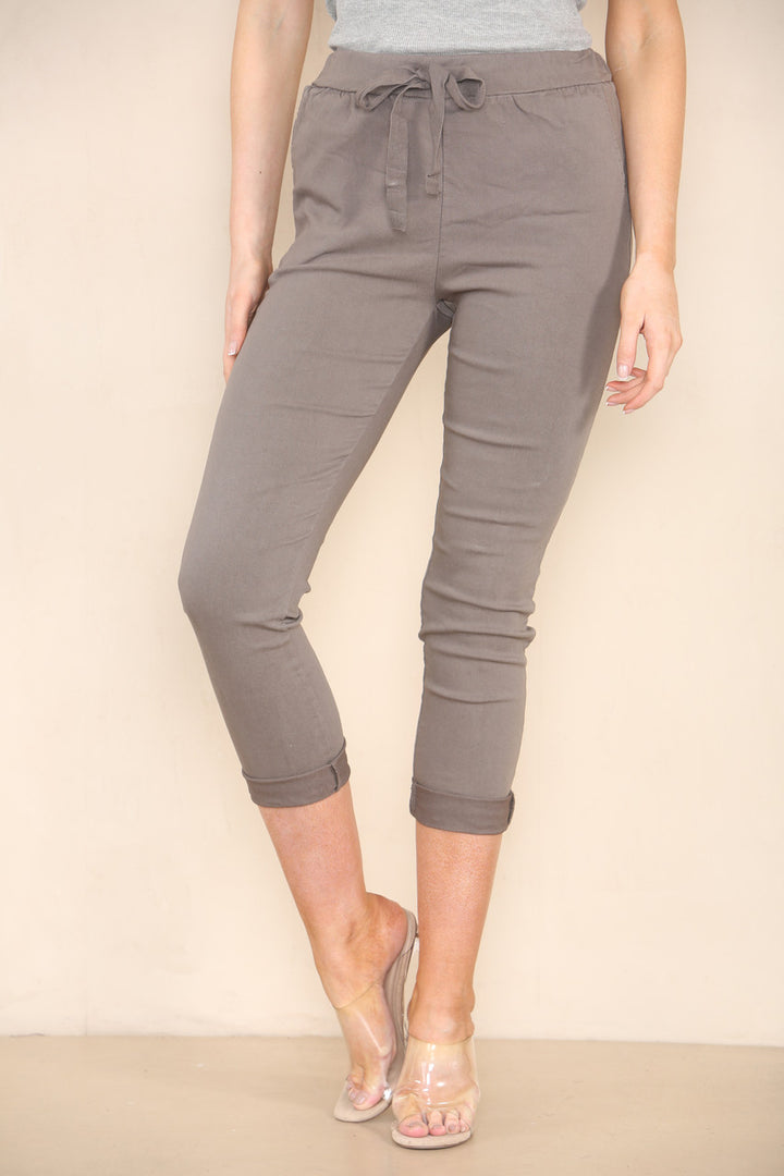 PLAIN ELASTICATED MAGIC STRETCH STYLE TROUSER TAUPE-One size fits up to a size 14