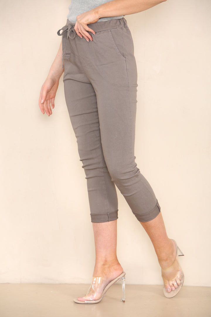PLAIN ELASTICATED MAGIC STRETCH STYLE TROUSER TAUPE-One size fits up to a size 14