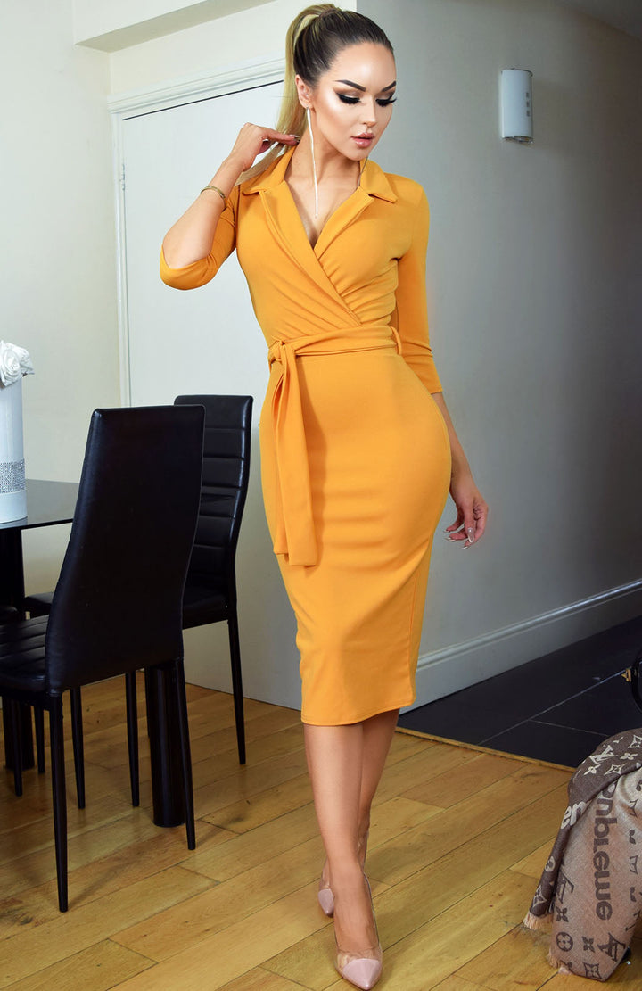 mustard midi dress