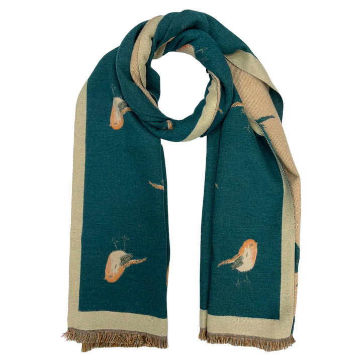 Robin Embroidered Print Winter Scarf on Reversible Cashmere Blend-Teal