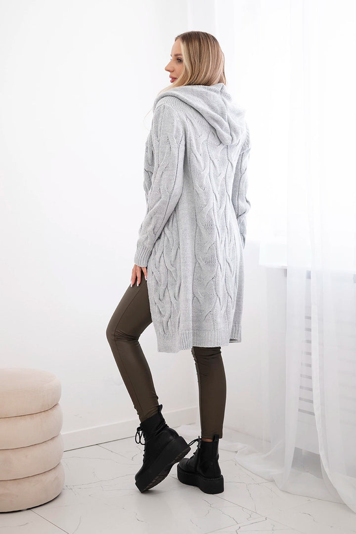 Grey hooded cardigan with pockets.