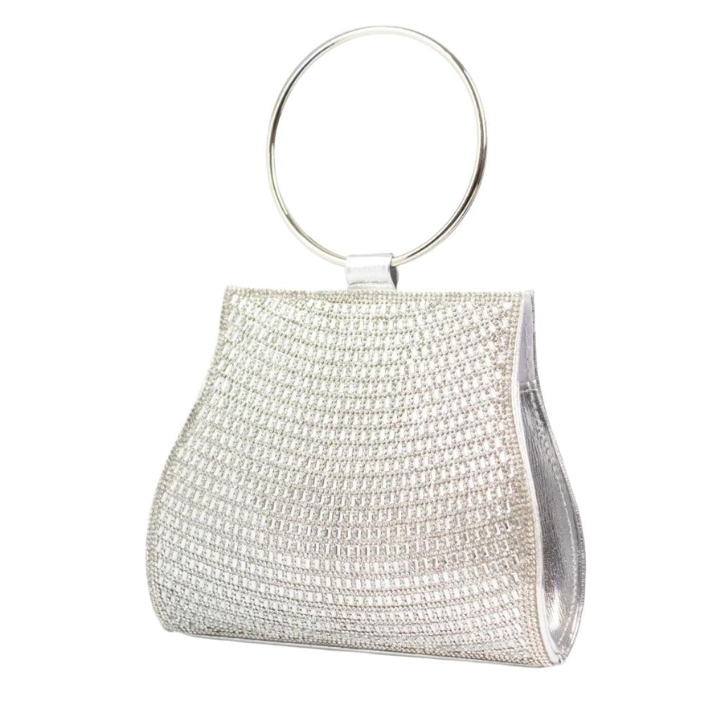 Glamour sparkly silver evening clutch bag with circular handle