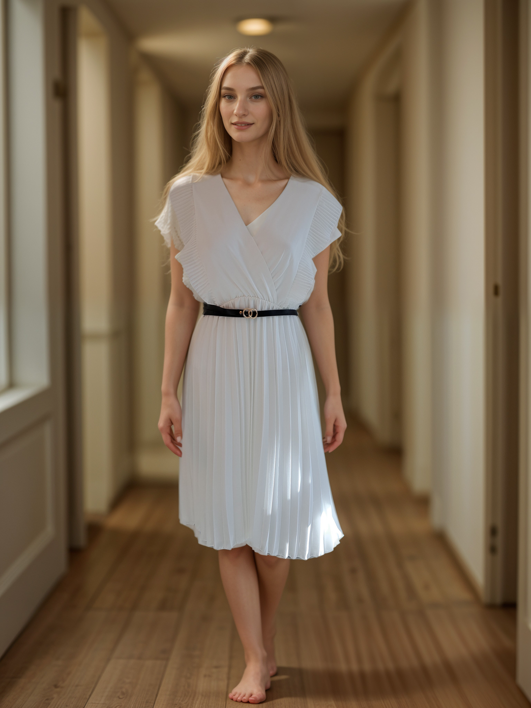 white pleated midi dress